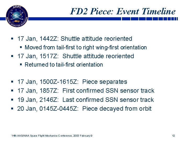 FD 2 Piece: Event Timeline § 17 Jan, 1442 Z: Shuttle attitude reoriented §