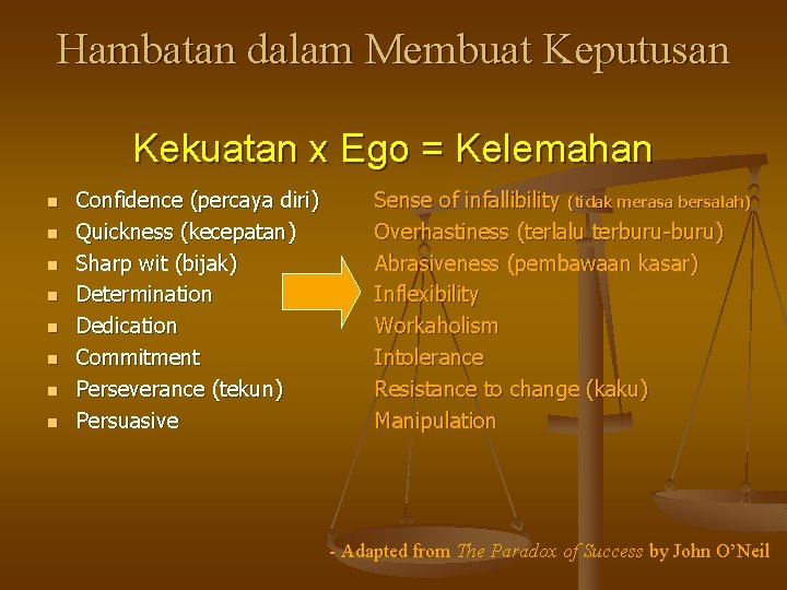 Hambatan dalam Membuat Keputusan Kekuatan x Ego = Kelemahan n n n n Confidence