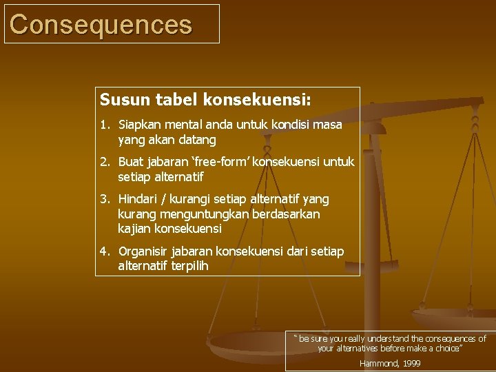 Consequences Susun tabel konsekuensi: 1. Siapkan mental anda untuk kondisi masa yang akan datang