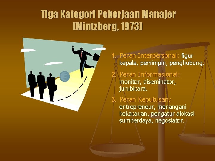 Tiga Kategori Pekerjaan Manajer (Mintzberg, 1973) 1. Peran Interpersonal: figur kepala, pemimpin, penghubung. 2.