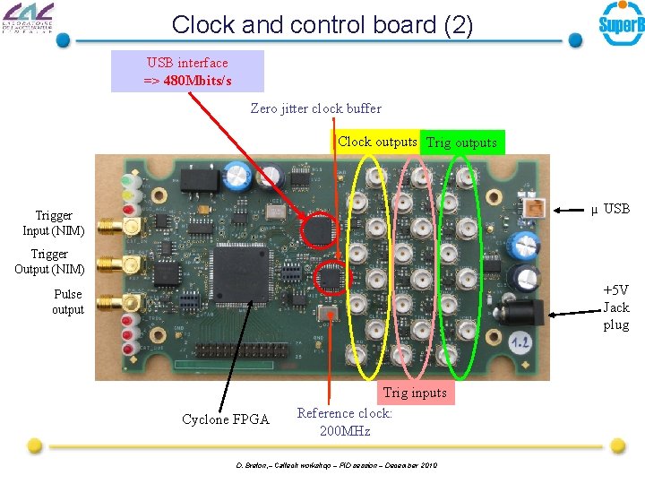 Clock and control board (2) USB interface => 480 Mbits/s Zero jitter clock buffer