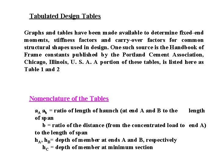 Tabulated Design Tables Graphs and tables have been made available to determine fixed-end moments,
