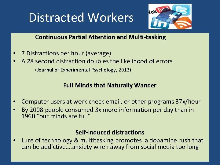 Distracted Workers Continuous Partial Attention and Multi-tasking • 7 Distractions per hour (average) • Distracted Workers Continuous Partial Attention and Multi-tasking • 7 Distractions per hour (average) •