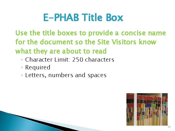 E-PHAB Title Box Use the title boxes to provide a concise name for the