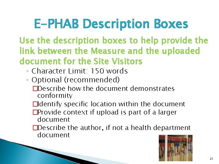 E-PHAB Description Boxes Use the description boxes to help provide the link between the
