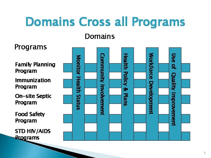Domains Cross all Programs Domains Programs Use of Quality Improvement Workforce Development Food Safety