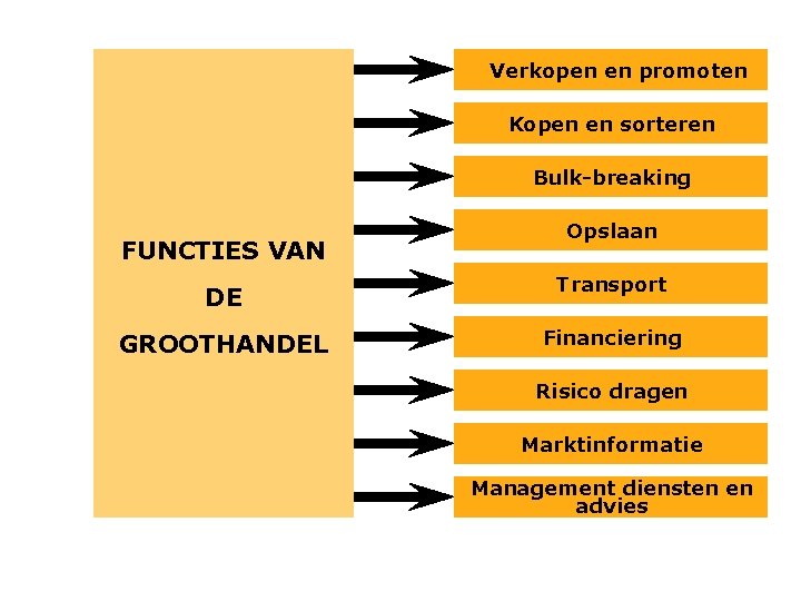 Verkopen en promoten Kopen en sorteren Bulk-breaking FUNCTIES VAN DE GROOTHANDEL Opslaan Transport Financiering