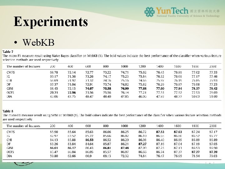Experiments • Web. KB 13 