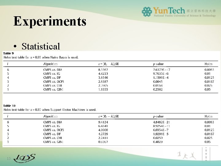 Experiments • Statistical 15 