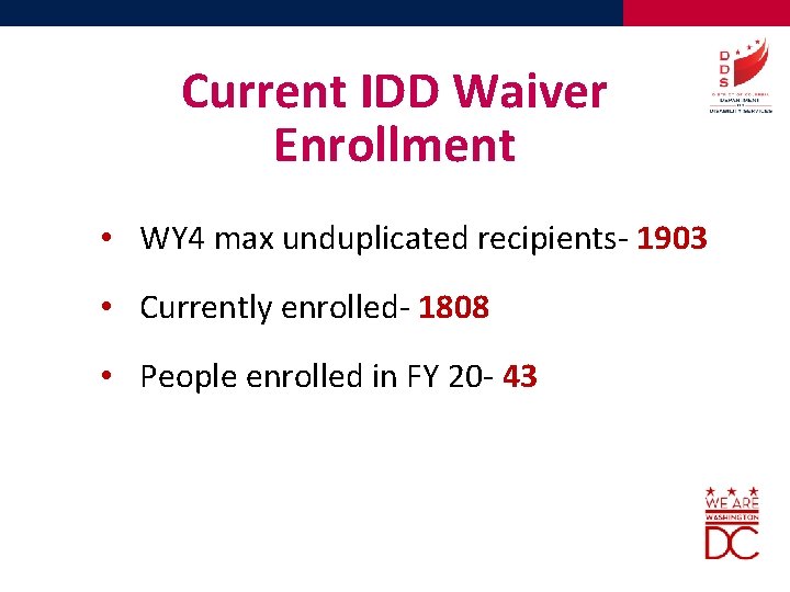Current IDD Waiver Enrollment • WY 4 max unduplicated recipients- 1903 • Currently enrolled-
