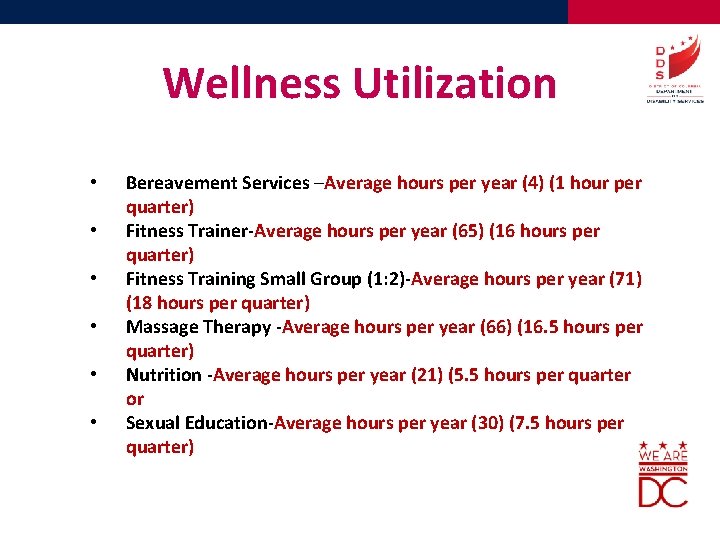 Wellness Utilization • • • Bereavement Services –Average hours per year (4) (1 hour