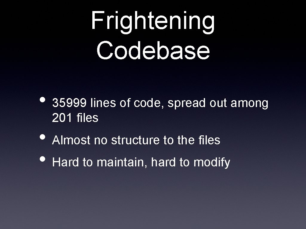 Frightening Codebase • 35999 lines of code, spread out among 201 files • Almost