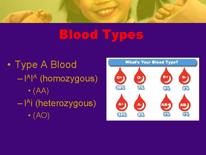 Blood Types • Type A Blood – IAIA (homozygous) • (AA) – IAi (heterozygous)