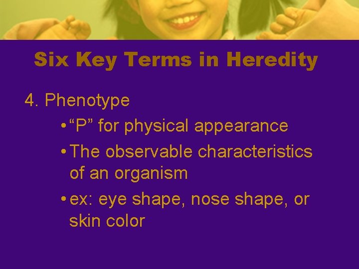 Six Key Terms in Heredity 4. Phenotype • “P” for physical appearance • The