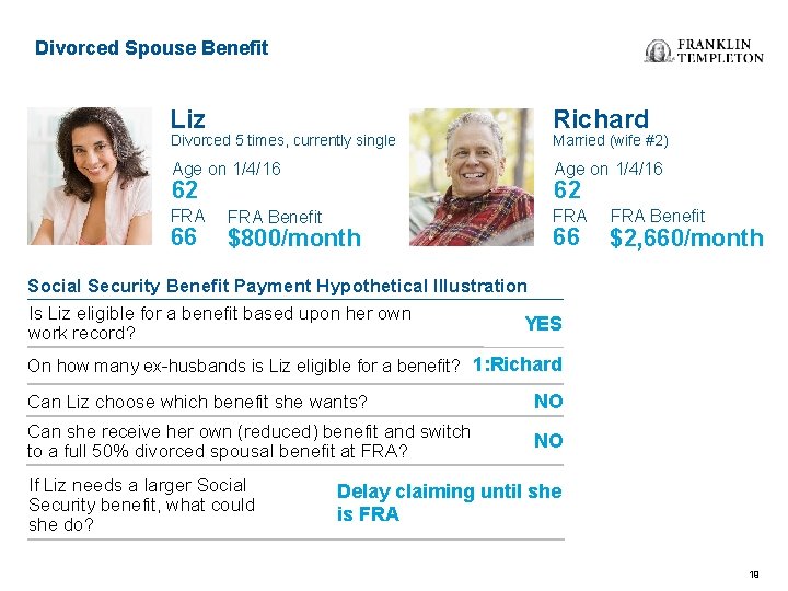 Divorced Spouse Benefit Liz Richard Age on 1/4/16 FRA Divorced 5 times, currently single