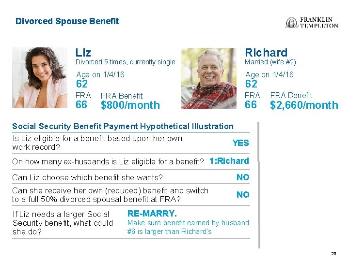 Divorced Spouse Benefit Liz Richard Age on 1/4/16 FRA Divorced 5 times, currently single