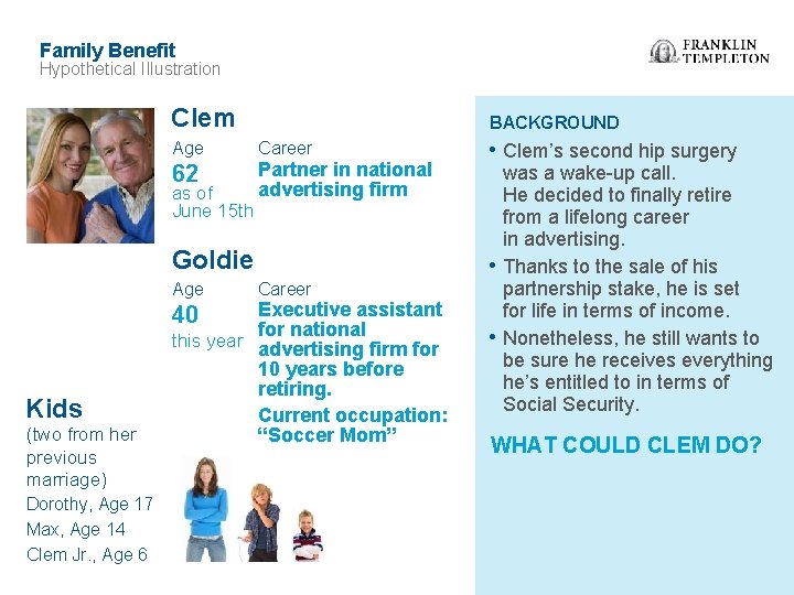 Family Benefit Hypothetical Illustration Clem BACKGROUND Age Career 62 Partner in national advertising firm