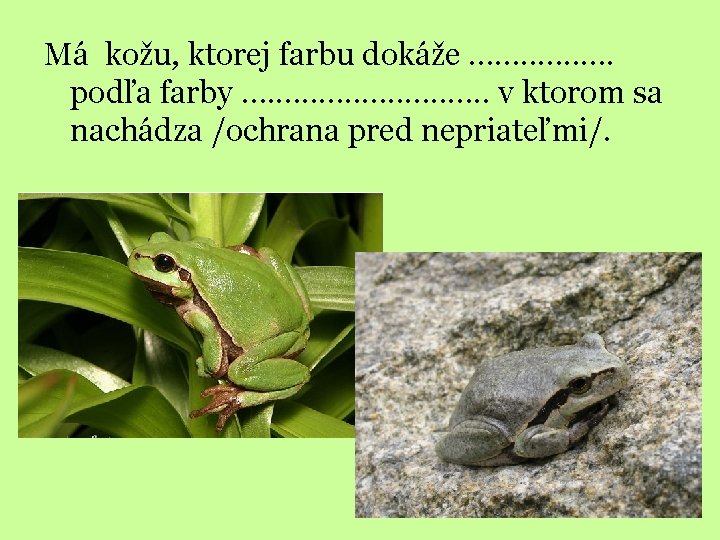 Má kožu, ktorej farbu dokáže. . . . podľa farby …. . . v