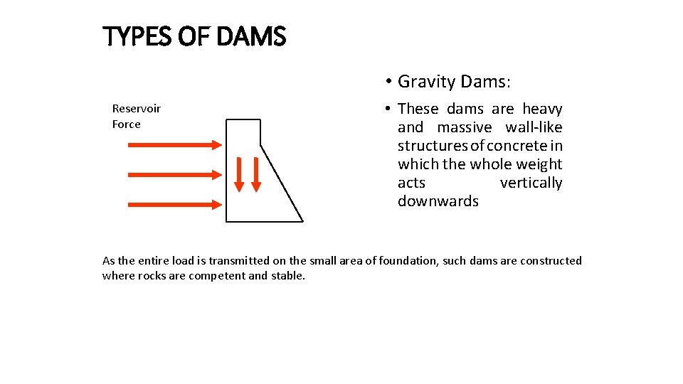 TYPES OF DAMS • Gravity Dams: Reservoir Force • These dams are heavy and