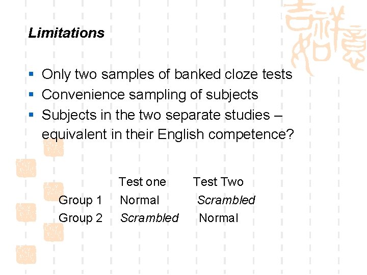 Limitations § Only two samples of banked cloze tests § Convenience sampling of subjects