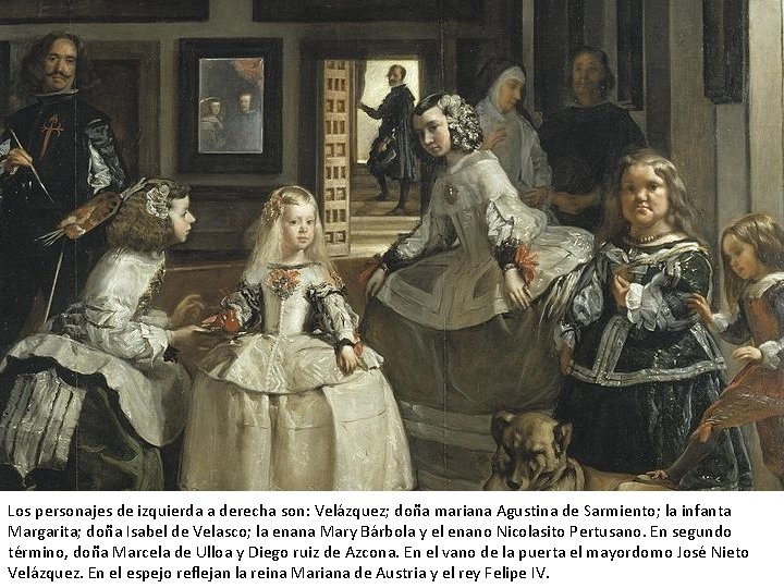 Los personajes de izquierda a derecha son: Velázquez; doña mariana Agustina de Sarmiento; la