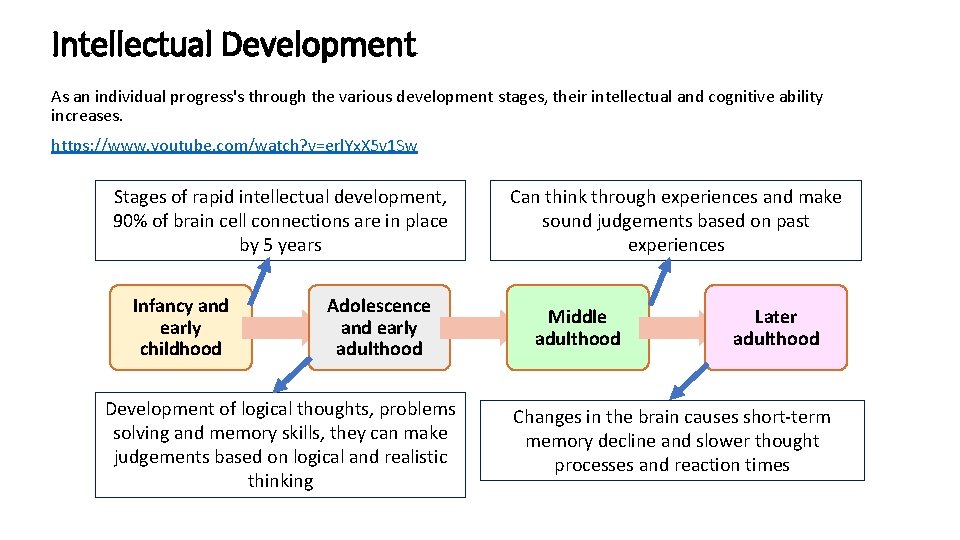 Intellectual Development As an individual progress's through the various development stages, their intellectual and