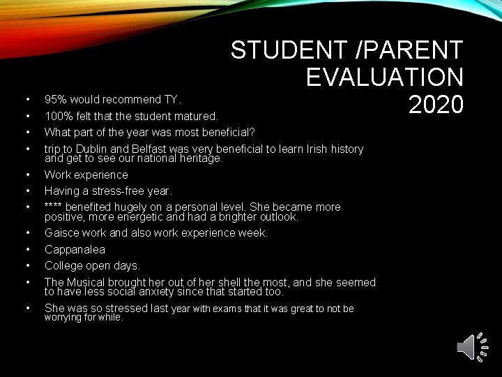  • • • STUDENT /PARENT EVALUATION 2020 95% would recommend TY. 100% felt