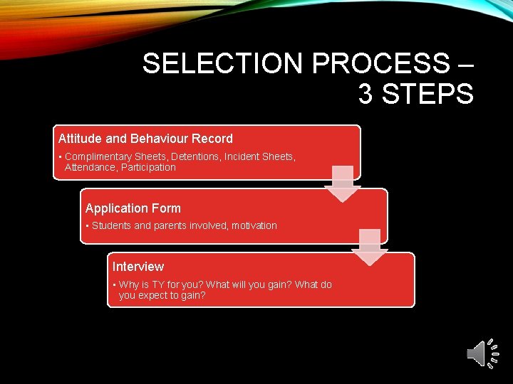 SELECTION PROCESS – 3 STEPS Attitude and Behaviour Record • Complimentary Sheets, Detentions, Incident