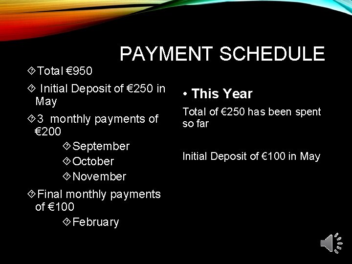 PAYMENT SCHEDULE Total € 950 Initial Deposit of € 250 in May 3 monthly