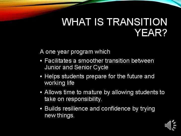 WHAT IS TRANSITION YEAR? A one year program which • Facilitates a smoother transition