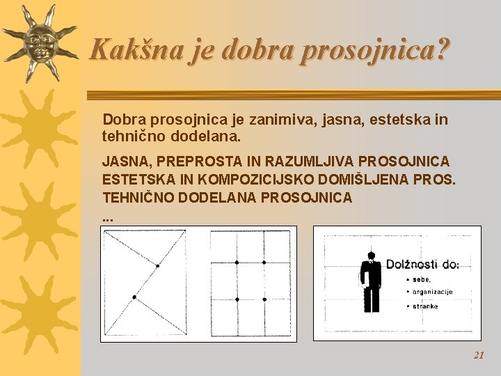 Kakšna je dobra prosojnica? Dobra prosojnica je zanimiva, jasna, estetska in tehnično dodelana. JASNA,