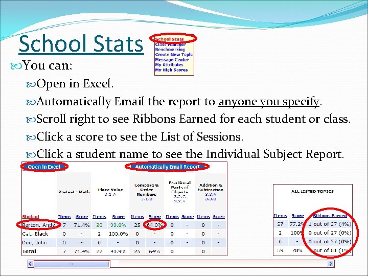 School Stats You can: Open in Excel. Automatically Email the report to anyone you
