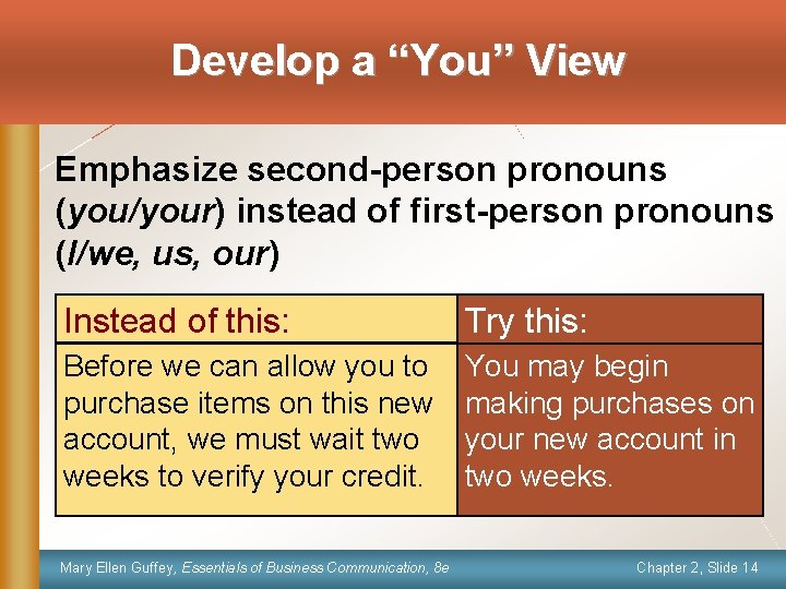 Develop a “You” View Emphasize second-person pronouns (you/your) instead of first-person pronouns (I/we, us,