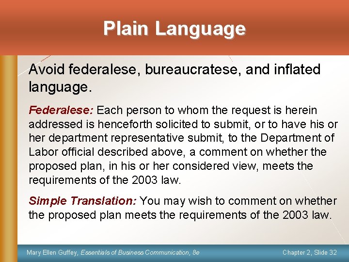 Plain Language Avoid federalese, bureaucratese, and inflated language. Federalese: Each person to whom the