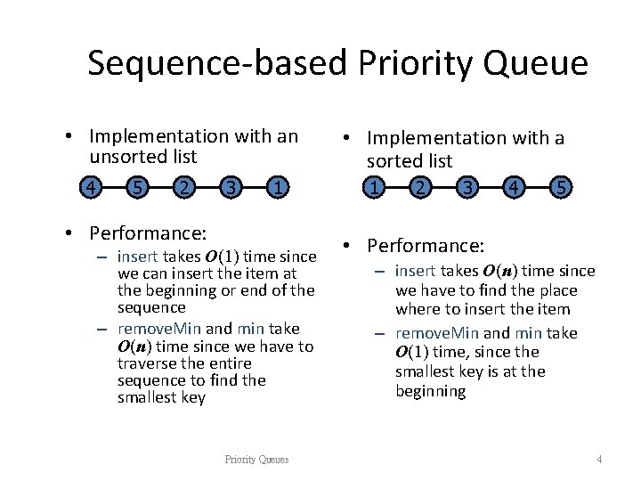 Sequence-based Priority Queue • Implementation with an unsorted list 4 5 2 3 1