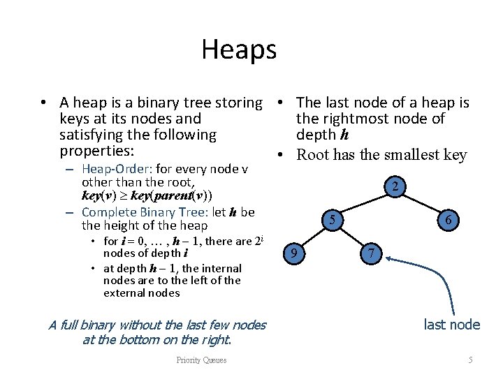 Heaps • A heap is a binary tree storing • The last node of