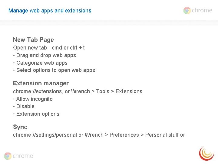 Manage web apps and extensions New Tab Page Open new tab - cmd or