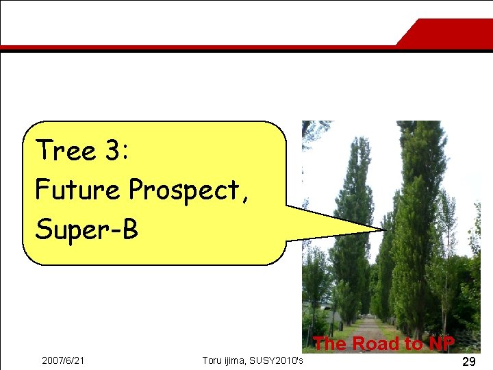 Tree 3: Future Prospect, Super-B The Road to NP 2007/6/21 Toru ijima, SUSY 2010's