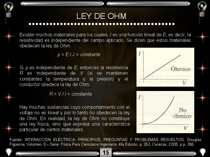 LEY DE OHM Existen muchos materiales para los cuales J es una función lineal