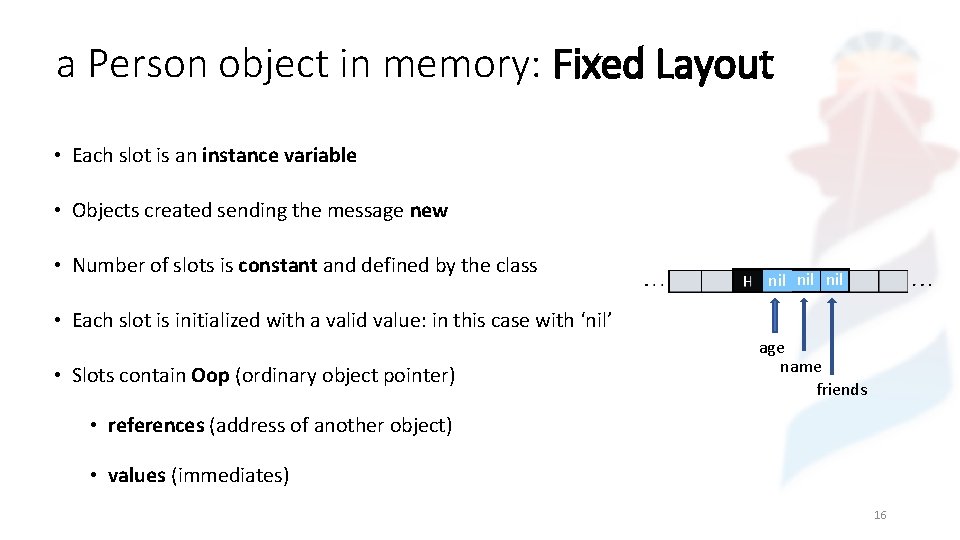 a Person object in memory: Fixed Layout • Each slot is an instance variable