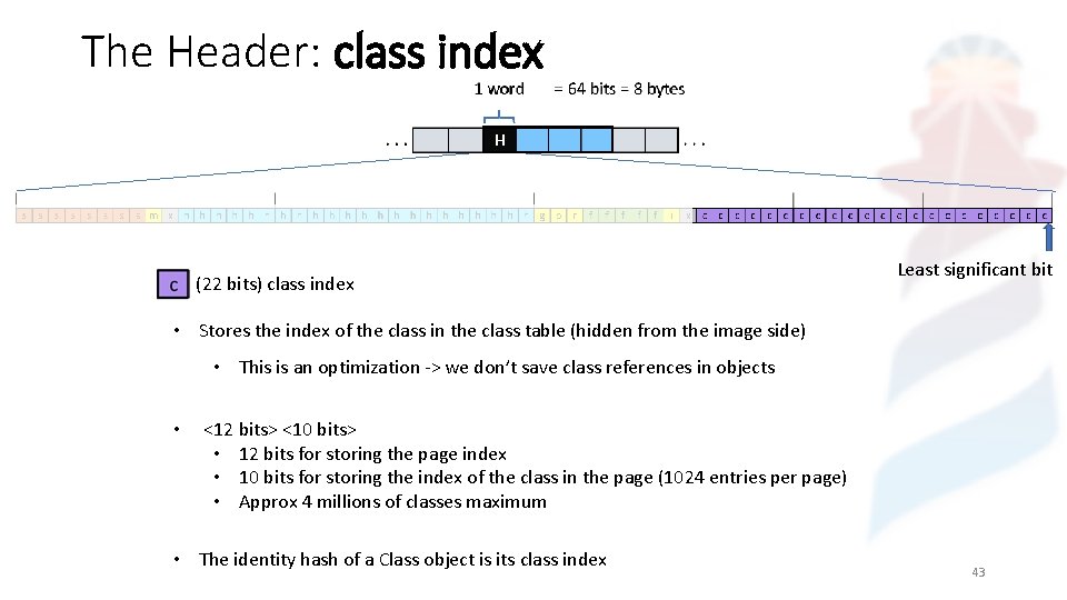 The Header: class index (22 bits) class index Least significant bit • Stores the