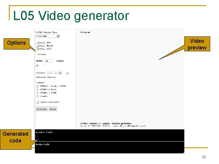 L 05 Video generator Options Video preview Generated code 11 
