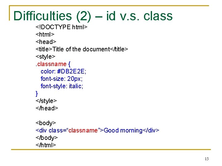 Difficulties (2) – id v. s. class <!DOCTYPE html> <head> <title>Title of the document</title>