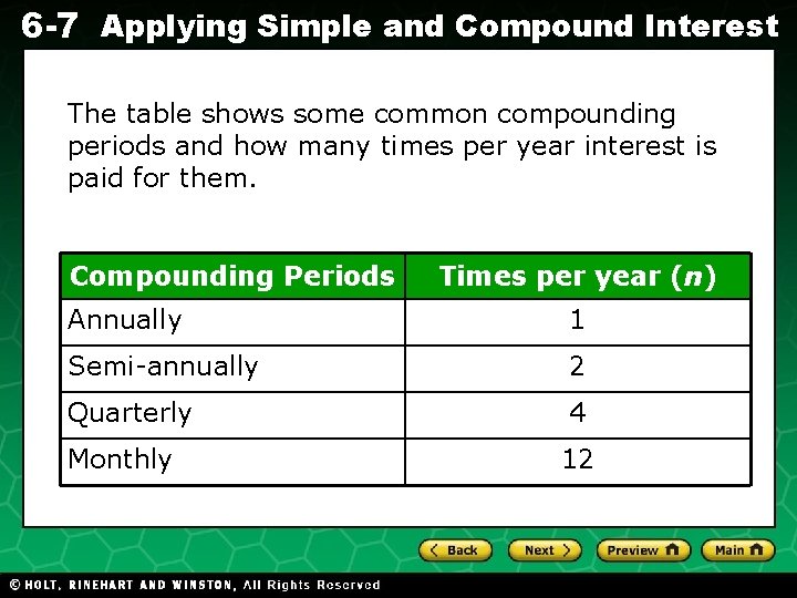 6 -7 Applying Simple and Compound Interest The table shows some common compounding Evaluating