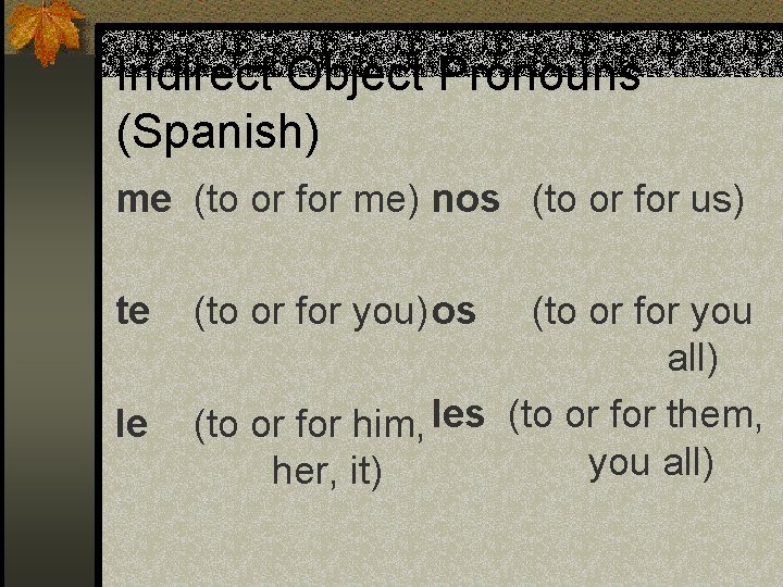 Indirect Object Pronouns (Spanish) me (to or for me) nos (to or for us)