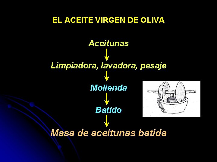 EL ACEITE VIRGEN DE OLIVA Aceitunas Limpiadora, lavadora, pesaje Molienda Batido Masa de aceitunas