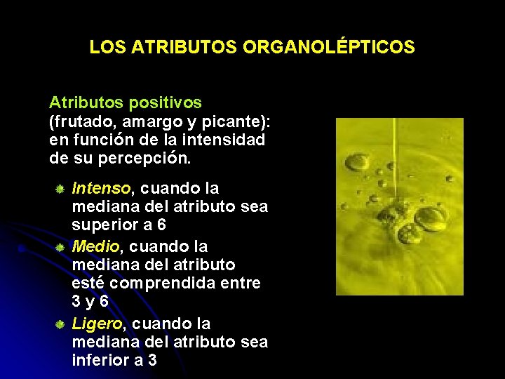 LOS ATRIBUTOS ORGANOLÉPTICOS Atributos positivos (frutado, amargo y picante): en función de la intensidad