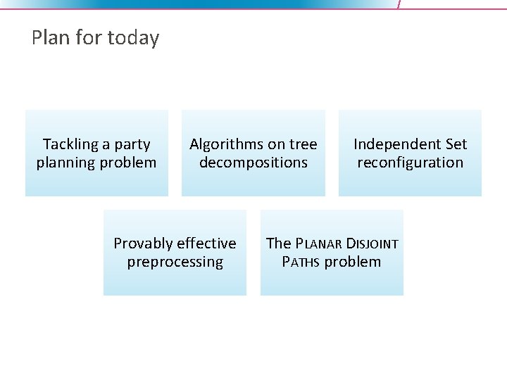 Plan for today Tackling a party planning problem Algorithms on tree decompositions Provably effective