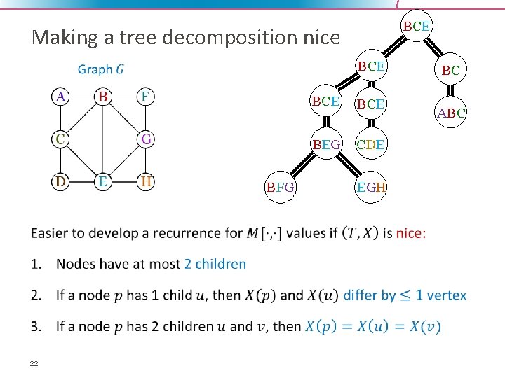 BCE Making a tree decomposition nice BCE BFG • 22 BCE BEG CDE EGH