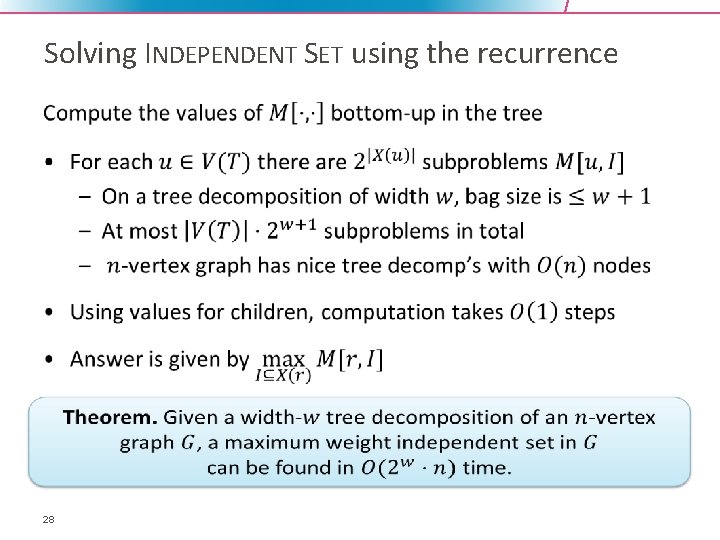 Solving INDEPENDENT SET using the recurrence • 28 